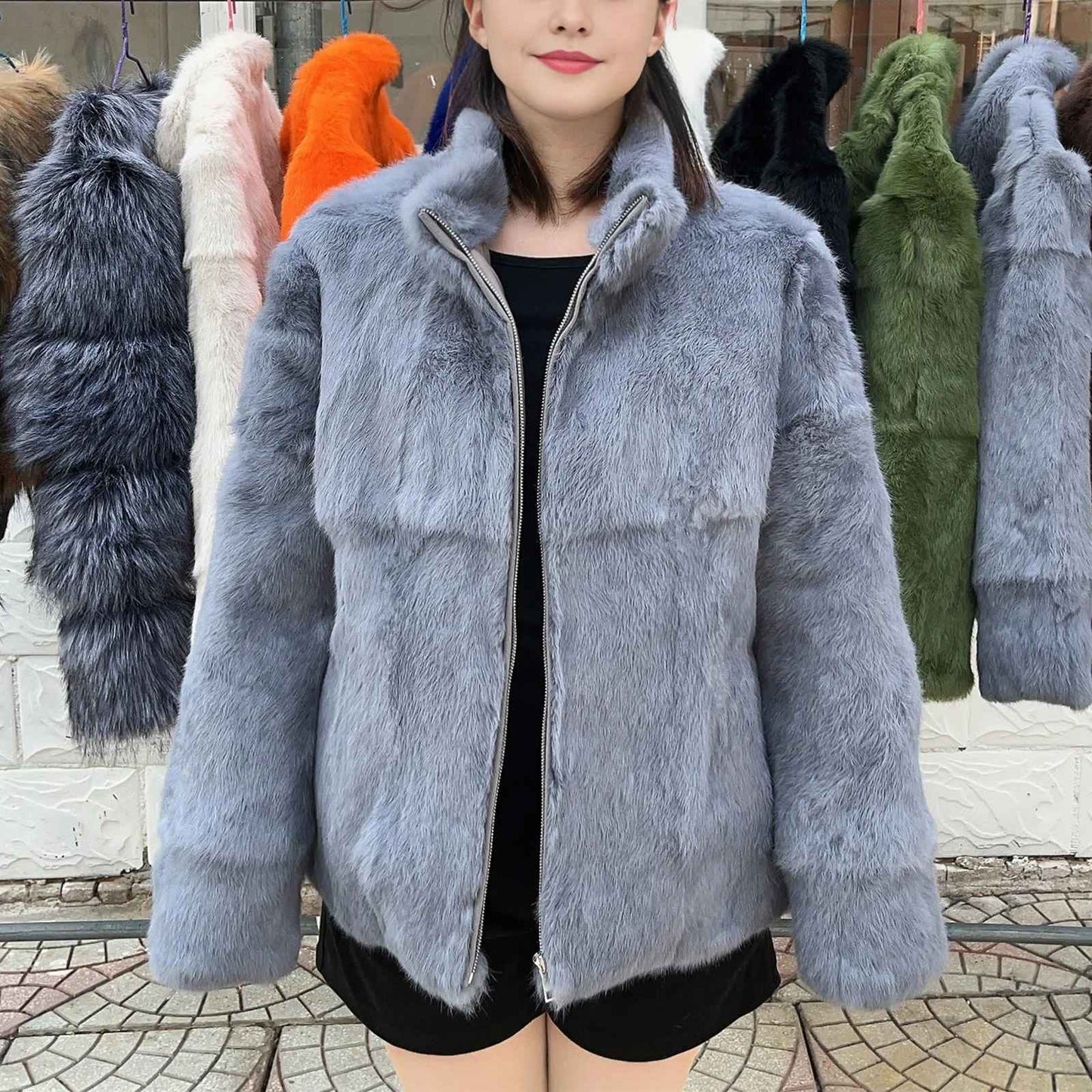 Olivia™ - Natürlicher Kaninchenfellmantel