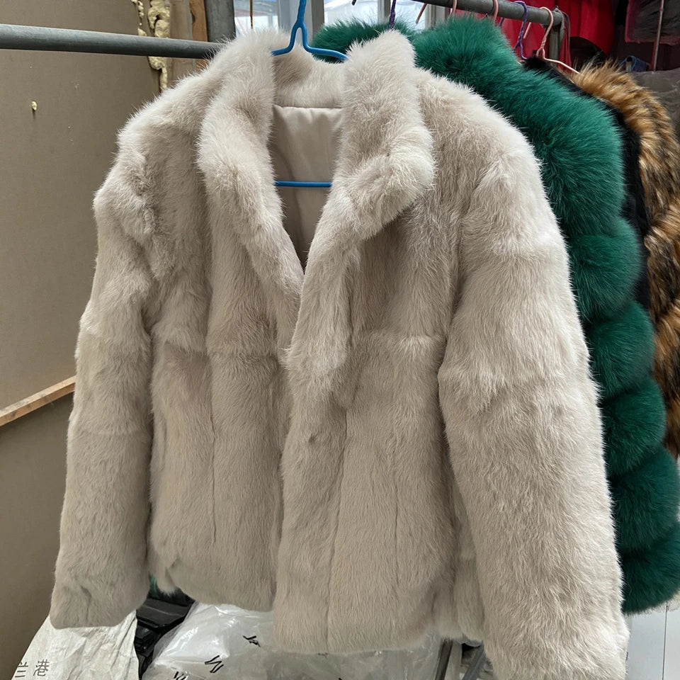 Natural Rabbit Fur Coat Women Winter Jacket Real Leather And Fur Bolero Women's Clothing Female Outerwears With 2024 Black Cold