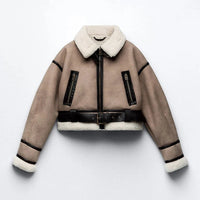 Ailegogo Streetwear Women Retro Loose Spliced Faux Leather Soft Fur Short Jacket Winter Female Zipper Belt Coat Vintage Outwear