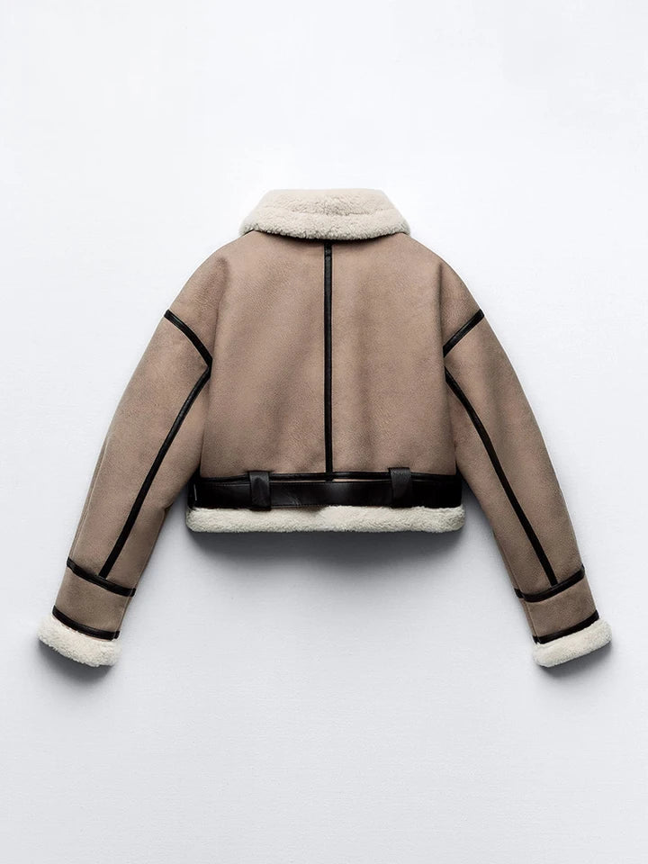 Ailegogo Streetwear Women Retro Loose Spliced Faux Leather Soft Fur Short Jacket Winter Female Zipper Belt Coat Vintage Outwear
