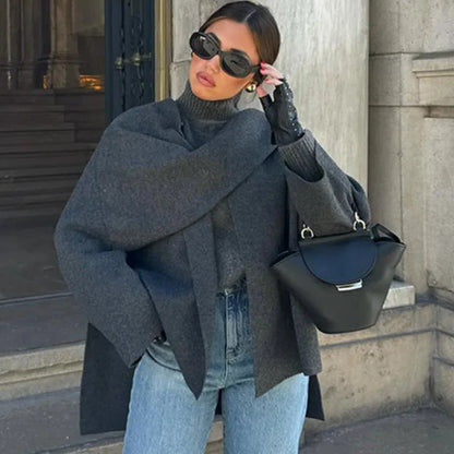 2024 New Fashion Scarf Collar Woolen Jackets For Women Elegant Long Sleeved Side Split Casual Coats Female Chic Autumn Overcoats