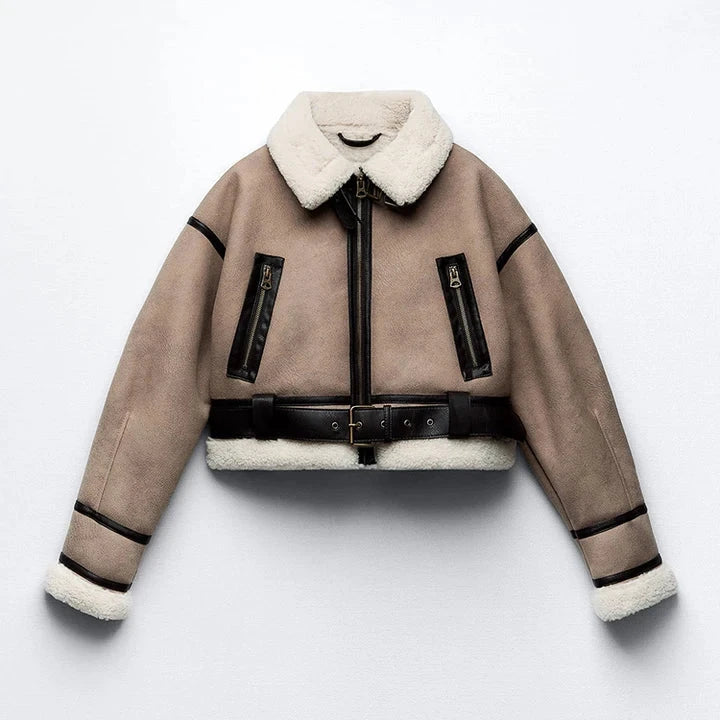 Ailegogo Streetwear Women Retro Loose Spliced Faux Leather Soft Fur Short Jacket Winter Female Zipper Belt Coat Vintage Outwear