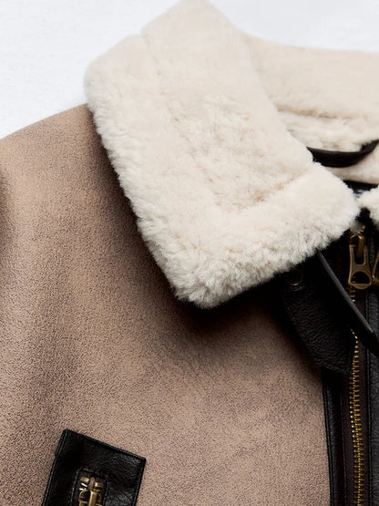 Ailegogo Streetwear Women Retro Loose Spliced Faux Leather Soft Fur Short Jacket Winter Female Zipper Belt Coat Vintage Outwear